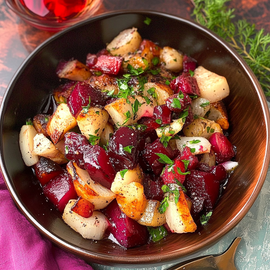 Recipe preparation for Christmas Side Dish: Roasted Beet & Turnip Duo