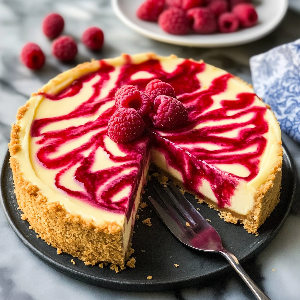 Recipe preparation for Raspberry Swirl Cheesecake Cake