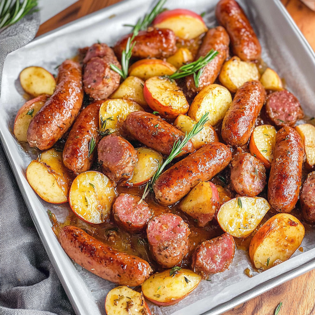 Recipe preparation for Sheet Pan Maple Pecan Chicken Sausage with Roasted Apples