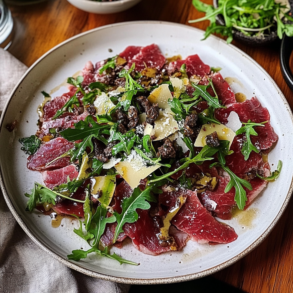 Recipe preparation for Shaved Beef Carpaccio with Truffle & Arugula