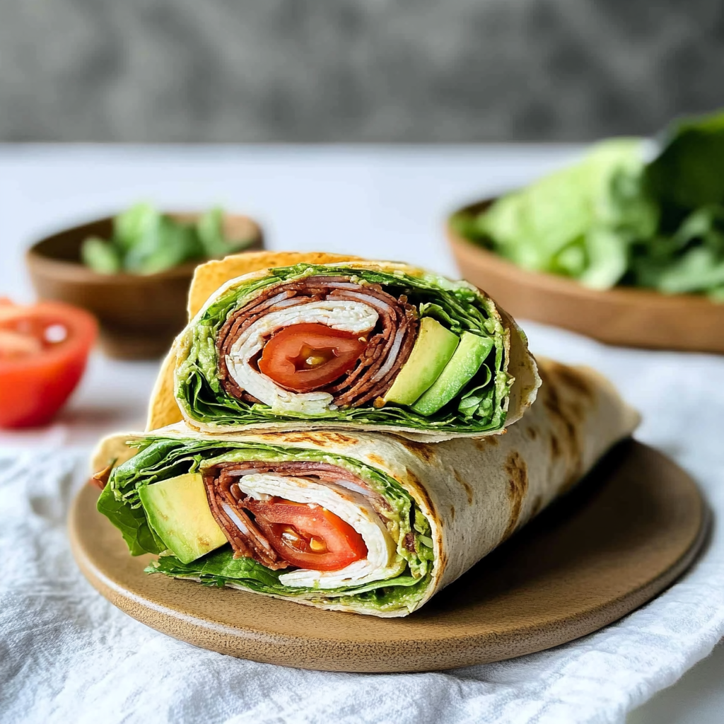 Recipe preparation for Lemon-Garlic Turkey & Avocado Shaved Salad Wraps