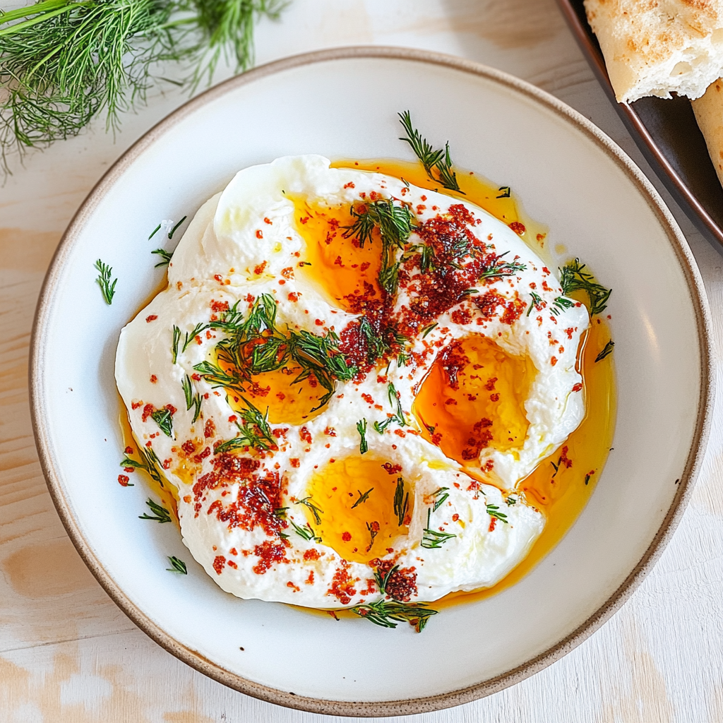Recipe preparation for Turkish Savory Yogurt with Poached Eggs