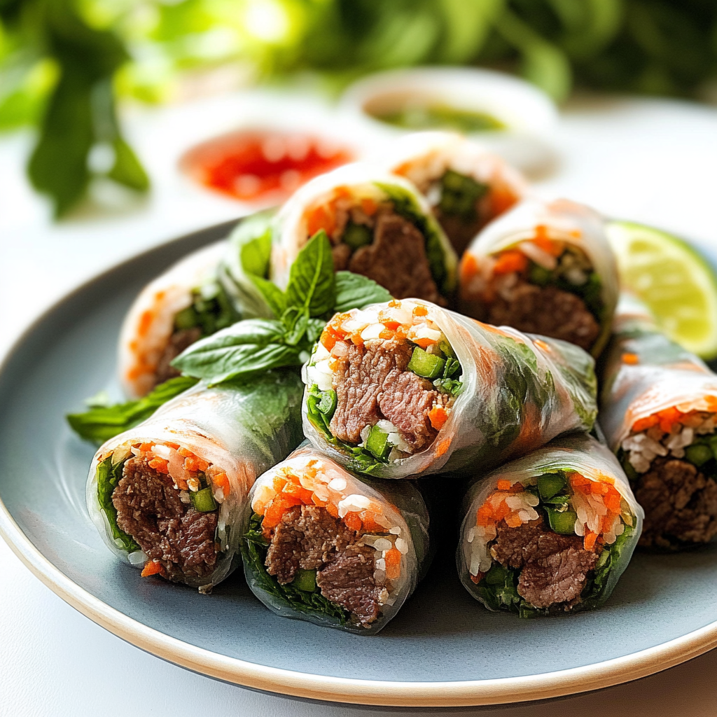 Recipe preparation for Thai Basil Beef Rolls