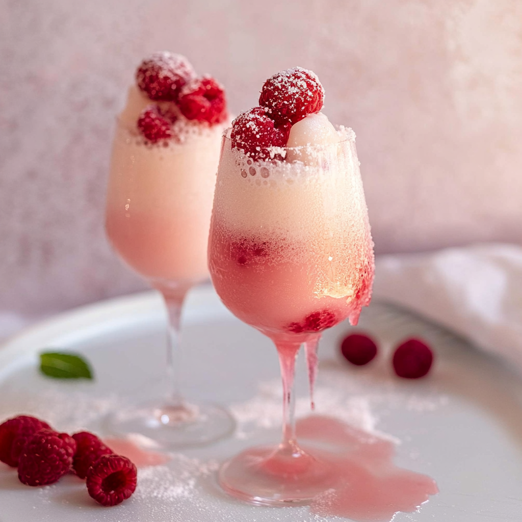 Recipe preparation for Champagne & Raspberry Sorbet Floats