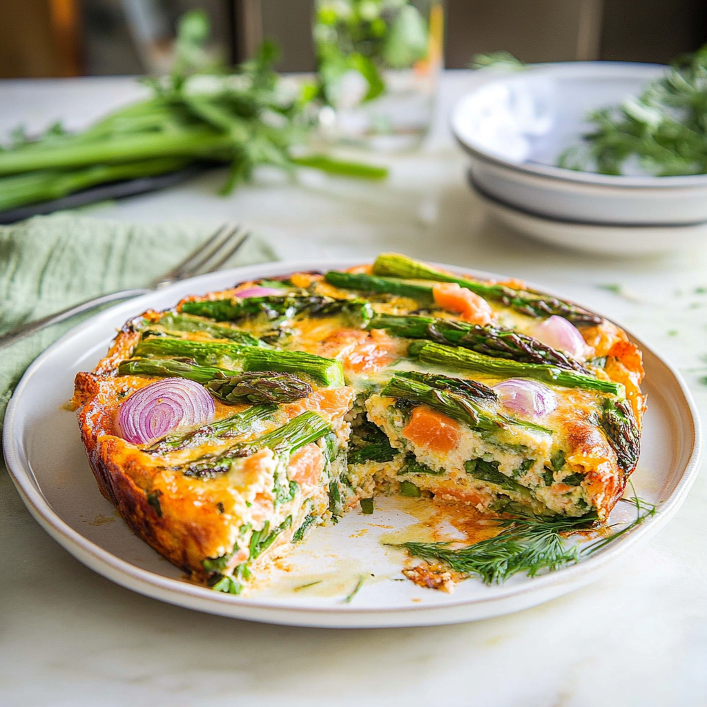 Recipe preparation for salmon asparagus frittata