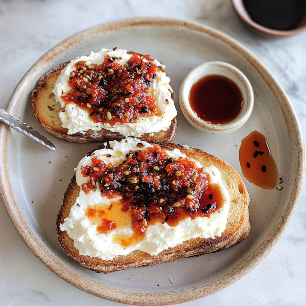 Recipe preparation for Cottage Cheese & Chili Crisp Toast