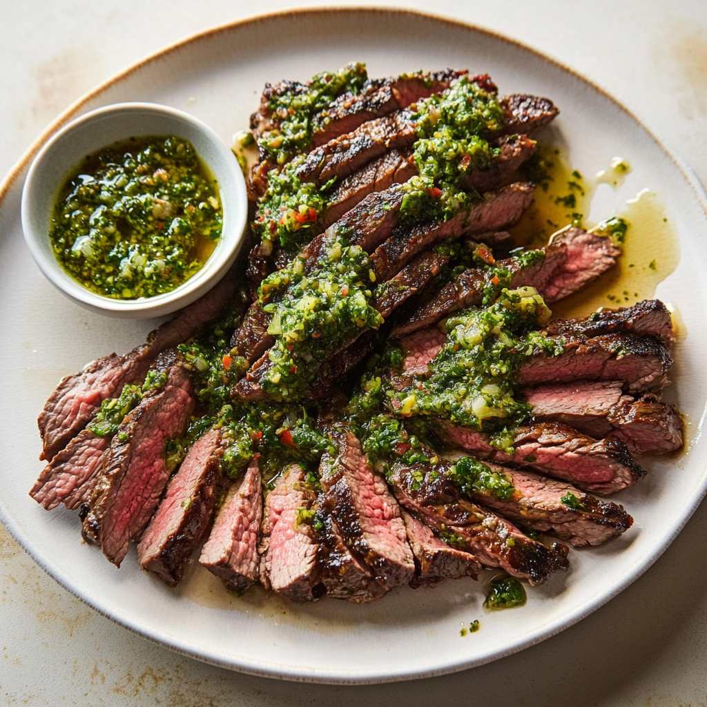 Recipe preparation for Pan-Seared Hanger Steak with Chimichurri