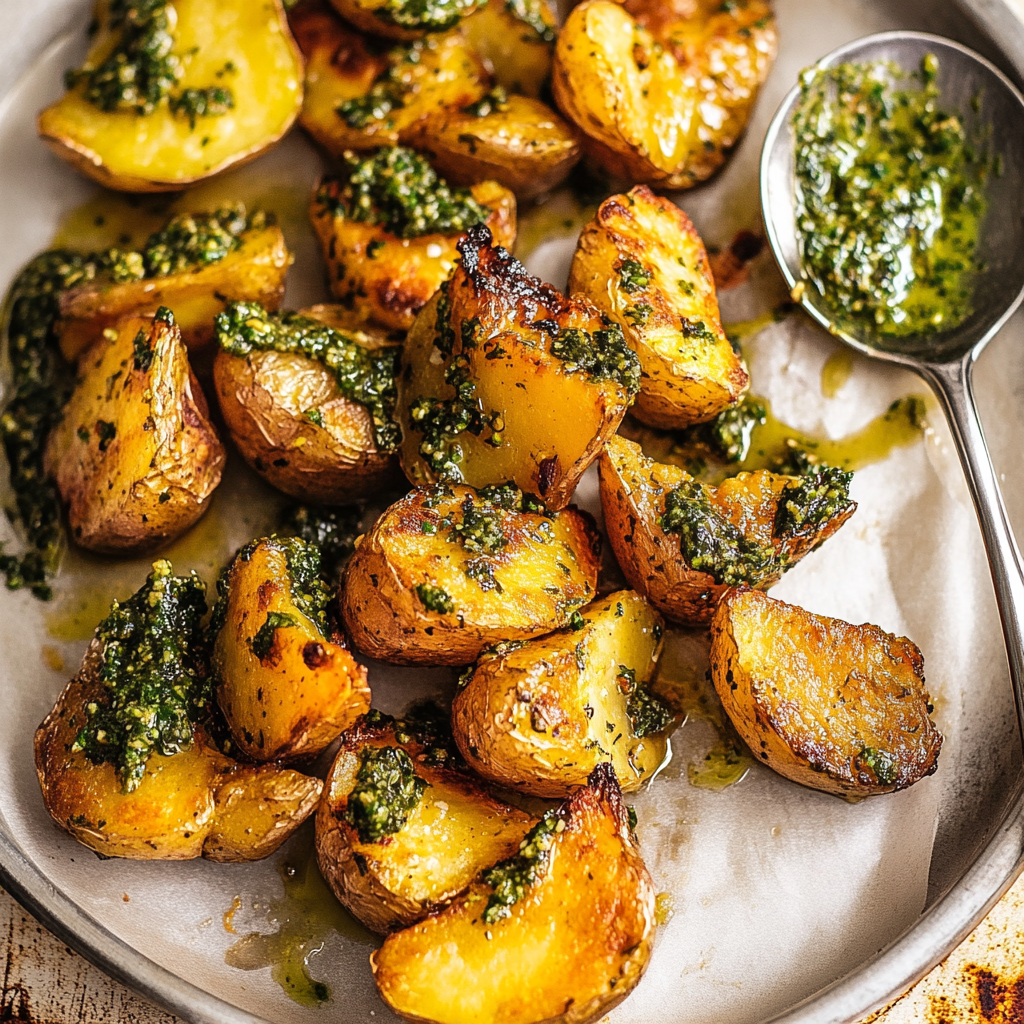 Recipe preparation for Crispy Smashed Fingerling Potatoes with Chimichurri Aioli