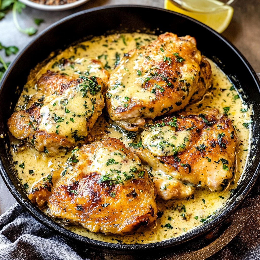 Recipe preparation for Crispy Chicken Thighs with Creamy Tarragon Sauce