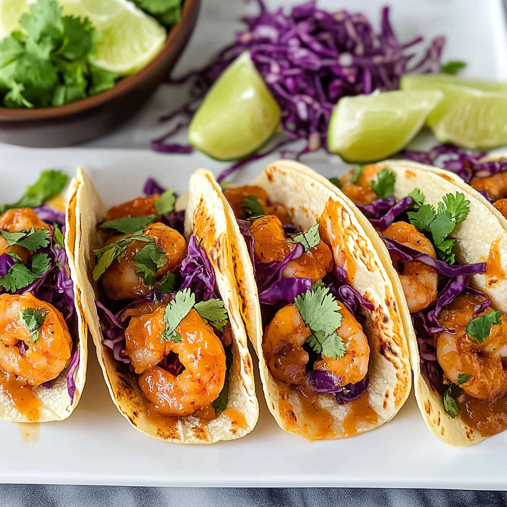 Recipe preparation for 30-Minute Bang Bang Shrimp Tacos with Purple Cabbage Slaw