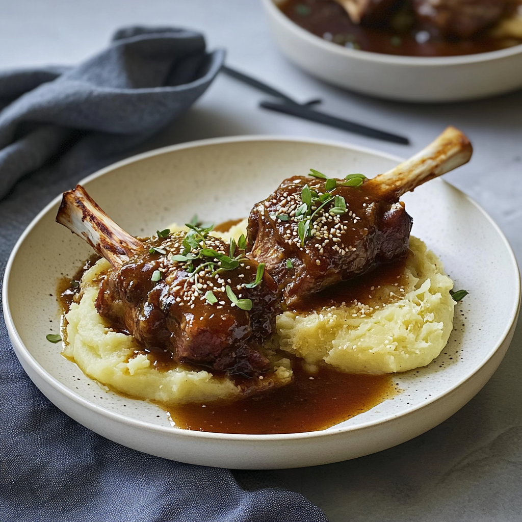 Recipe preparation for Slow Cooker Miso-Braised Lamb Shanks with Root Mash