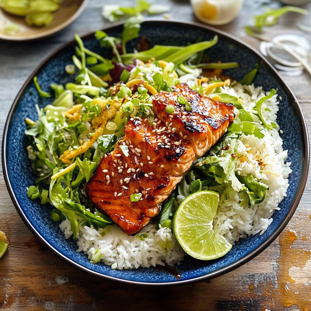 Recipe preparation for 30-Minute Crispy Rice Salmon Salad with Ginger-Lime