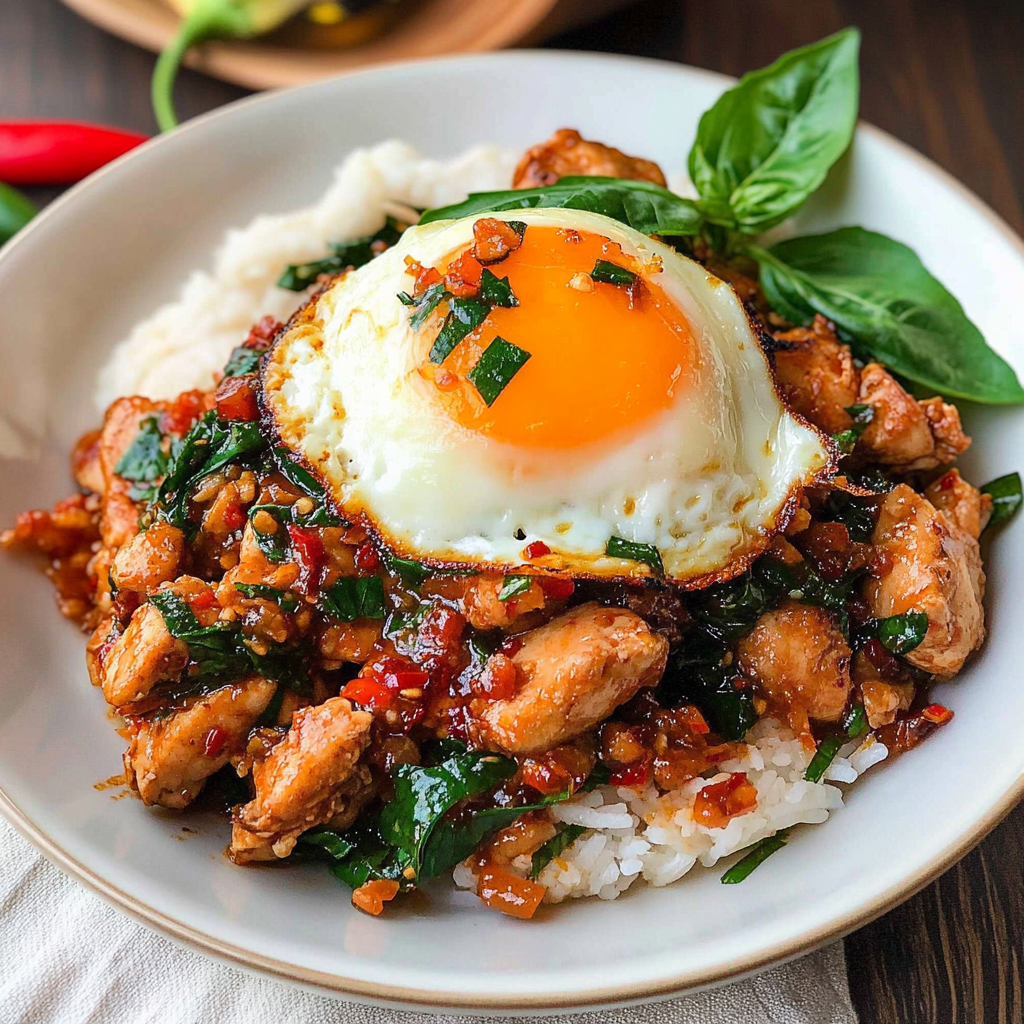 Recipe preparation for 30-Minute Thai Basil Chicken (Pad Krapow) with Jammy Egg