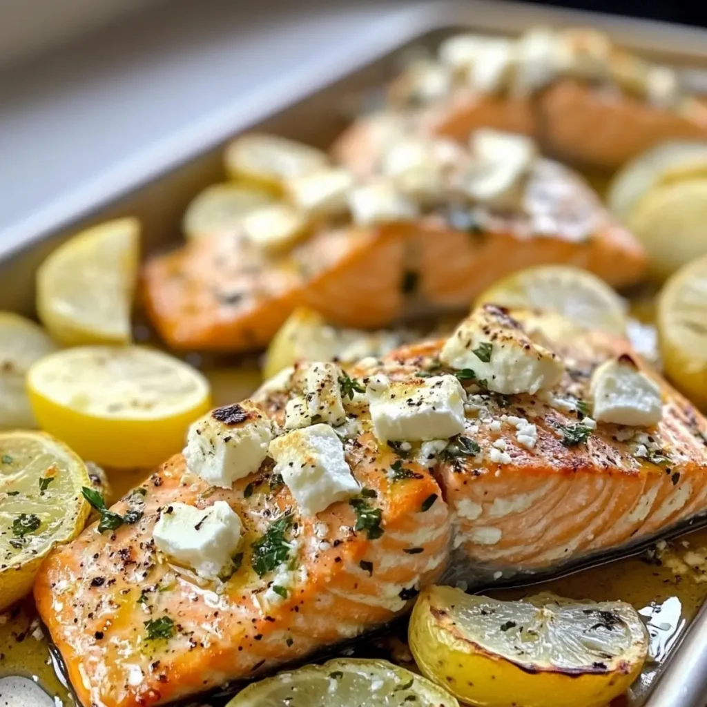 Sheet Pan Lemon Greek Salmon with Feta and potatoes