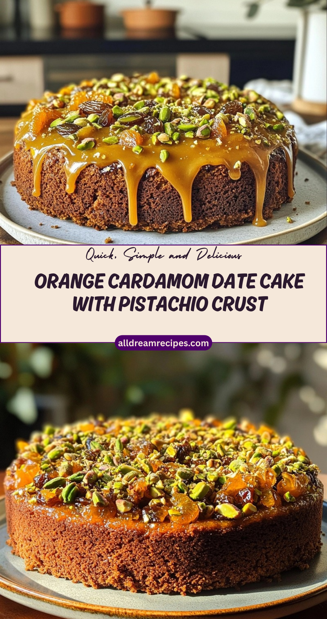 Orange Cardamom Date Cake with Pistachio Crust